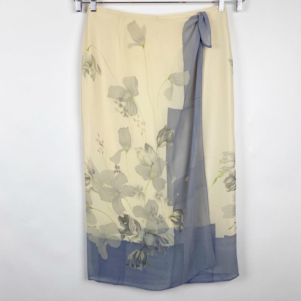 Liz Claiborne Collection Floral Silk Faux Wrap Maxi Skirt Womens 16 Cream Gray